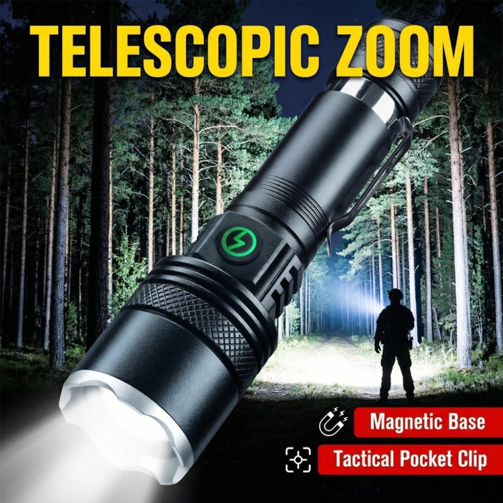 Outdoor Camping Hiking - Lampe torche LED rechargeable, zoomable, étanche,